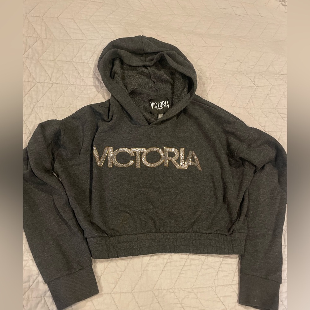 Women's Gray Cropped Hoodie Sweatshirt size women’s L - Picture 2 of 6